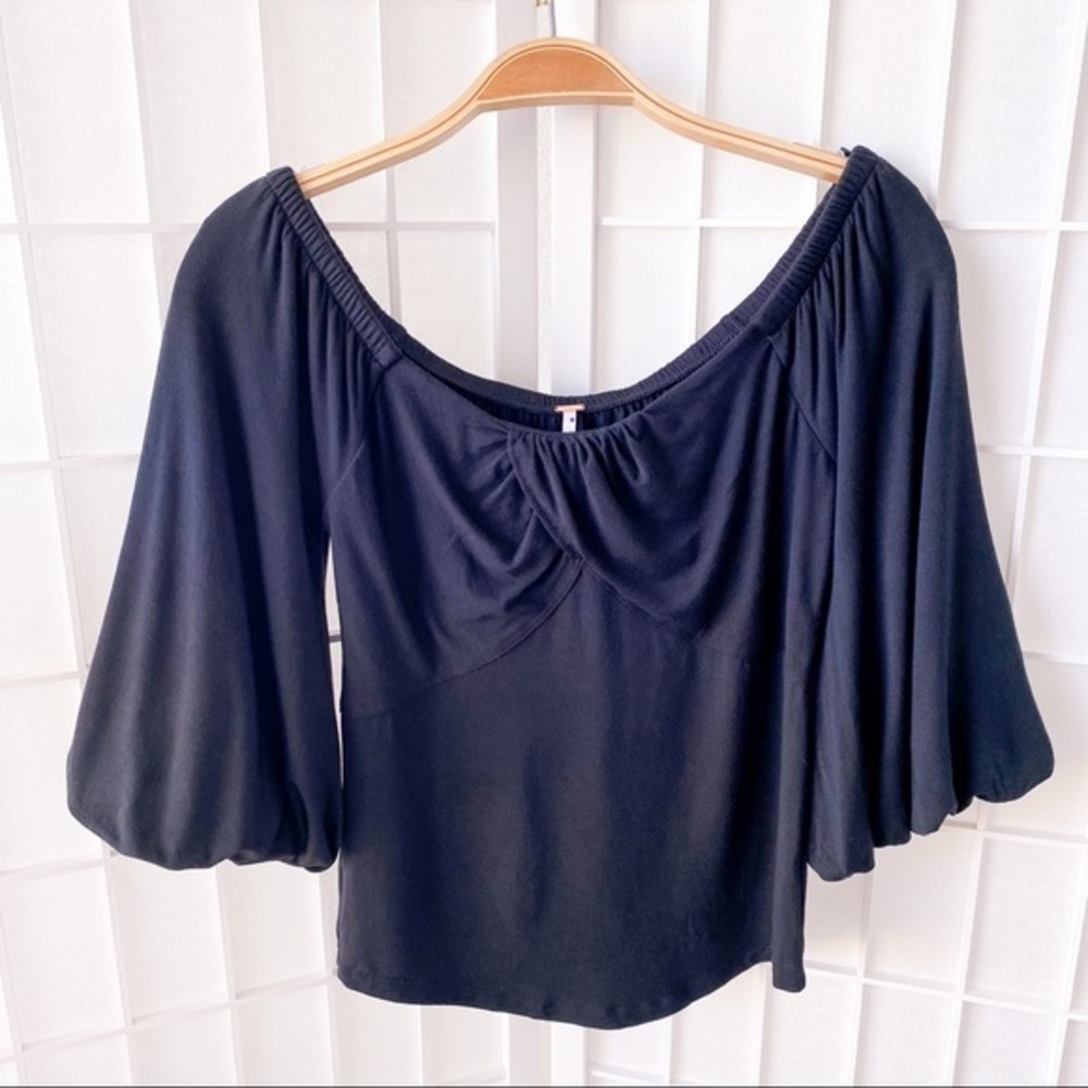 FREE PEOPLE Balloon Puffy 3/4 Sleeve Off the Shoulder Top Black - Picture 9 of 11